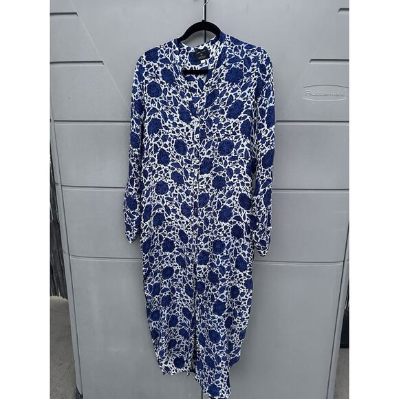 Natalie Martin Indigo Floral Hand-Dyed 100% Silk Kaftan Dress Sz L Double Slit - Picture 2 of 11